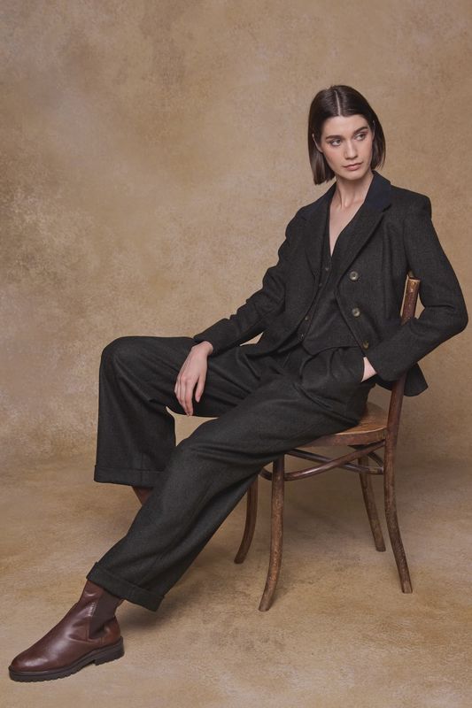 Faye Tweed Trousers - Deep Green Herringbone