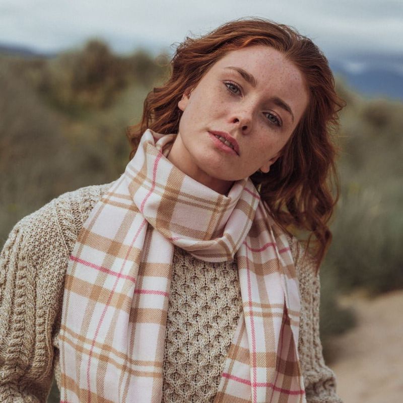 Merino Luxury Wool Scarf - Camel Grey Stone White Block