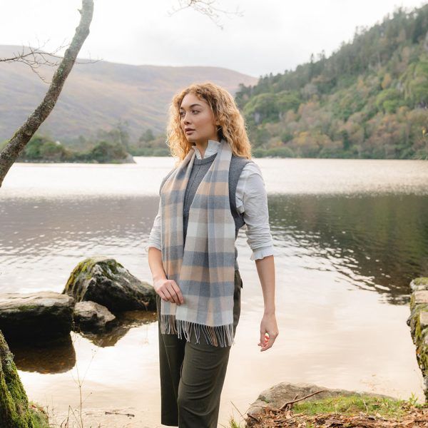 Merino Luxury Wool Scarf - Camel/Grey/Stone/White Check