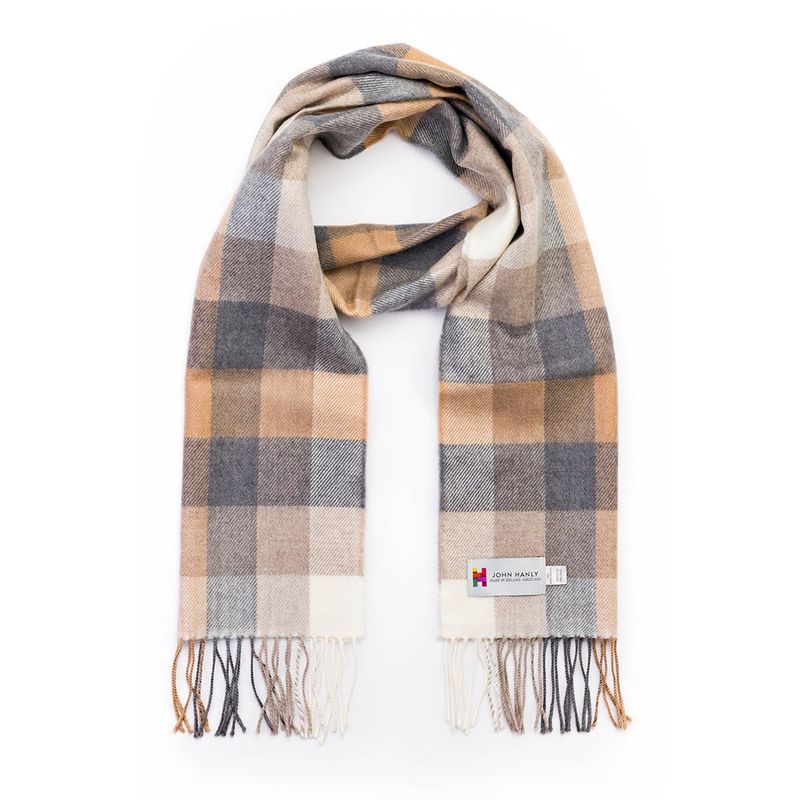 Merino Luxury Wool Scarf - Camel/Grey/Stone/White Check