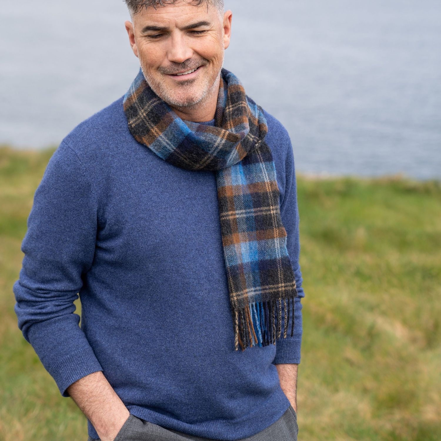 Lambswool Scarf - Blue and Orange Mix Check