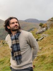 Irish Wool Scarf Short - Denim Blue/Beige/Charcoal Plaid