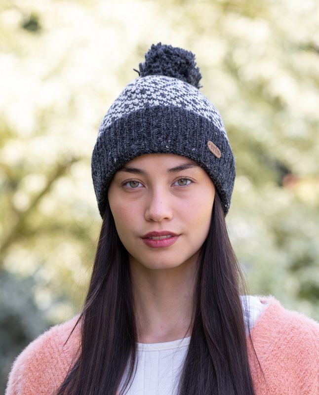 Turn Up Hat with Bobble - Charcoal