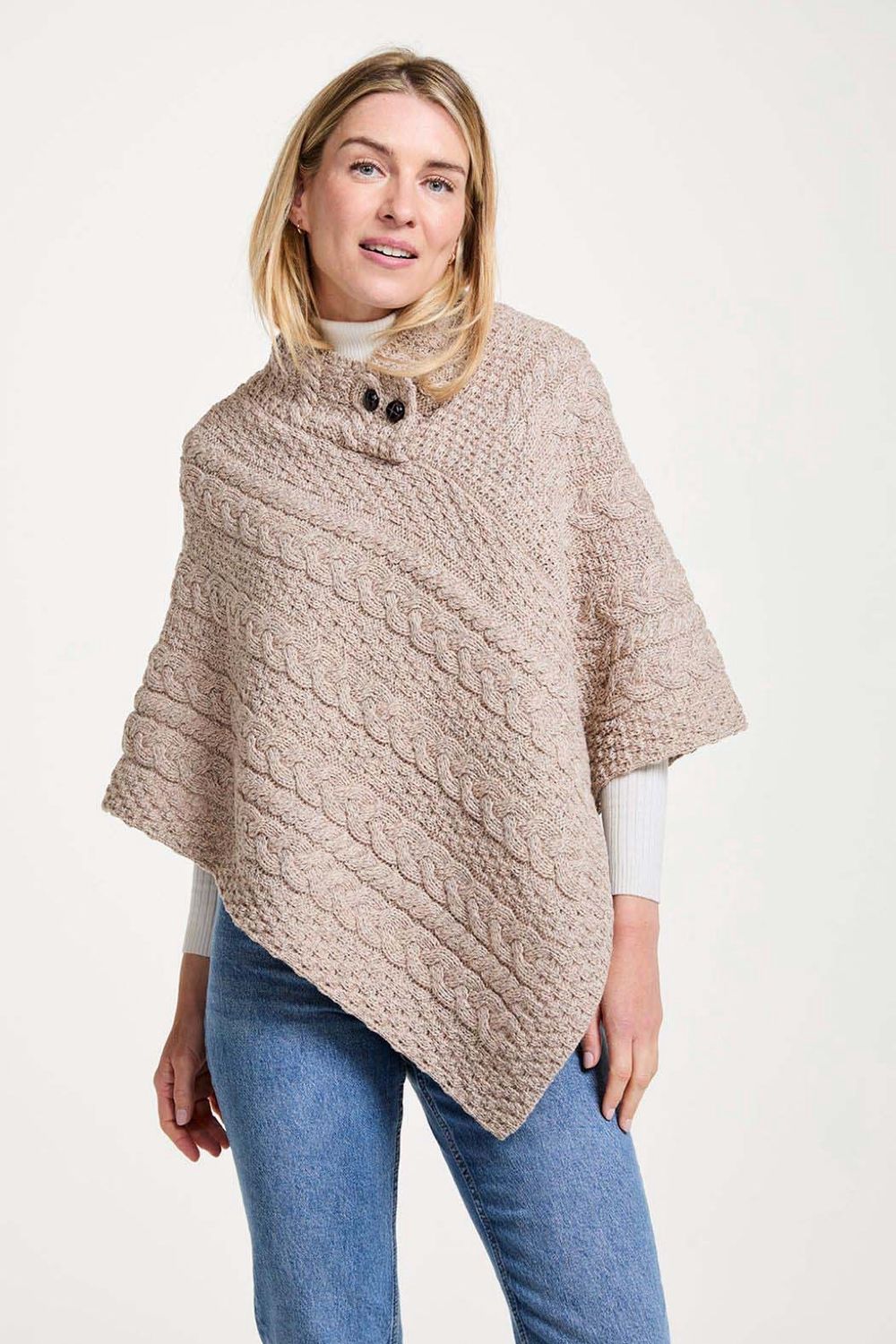 Cable Knit Poncho w/ buttons - Parsnip
