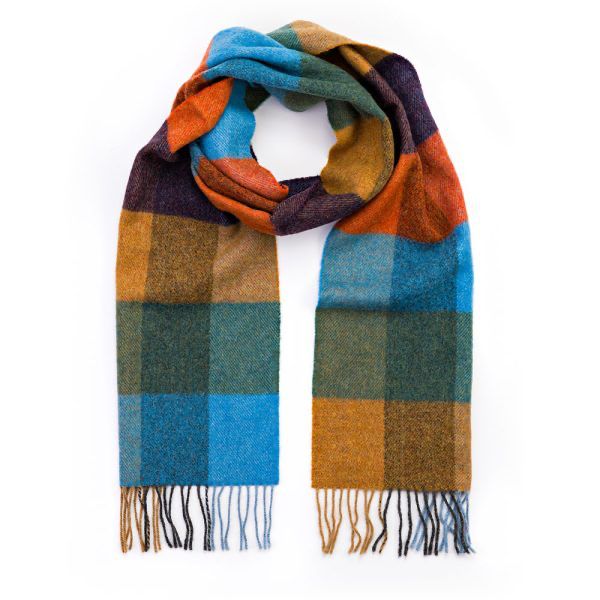 100% Lambswool Scarf - Long Mustard Green Blue Orange Blackberry Check