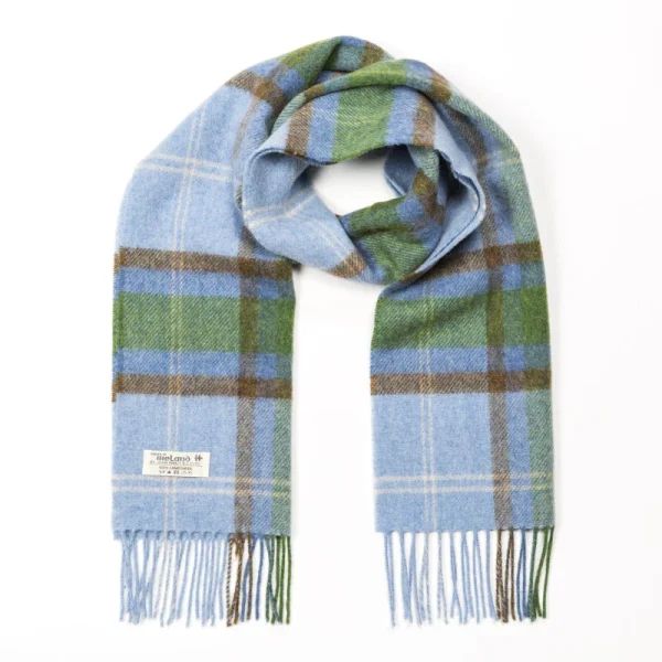 100% Lambswool Scarf - Light Blue Green Check
