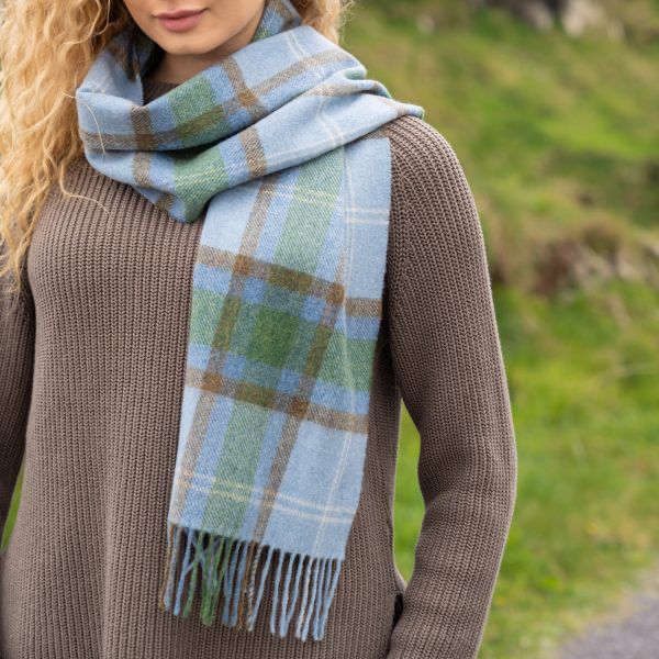 100% Lambswool Scarf - Light Blue Green Check