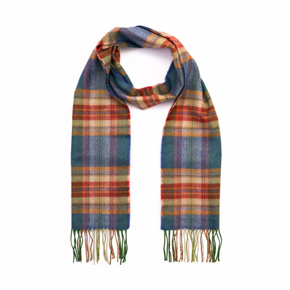 100% Merino Wool Scarf - Sea Green Rust Plaid