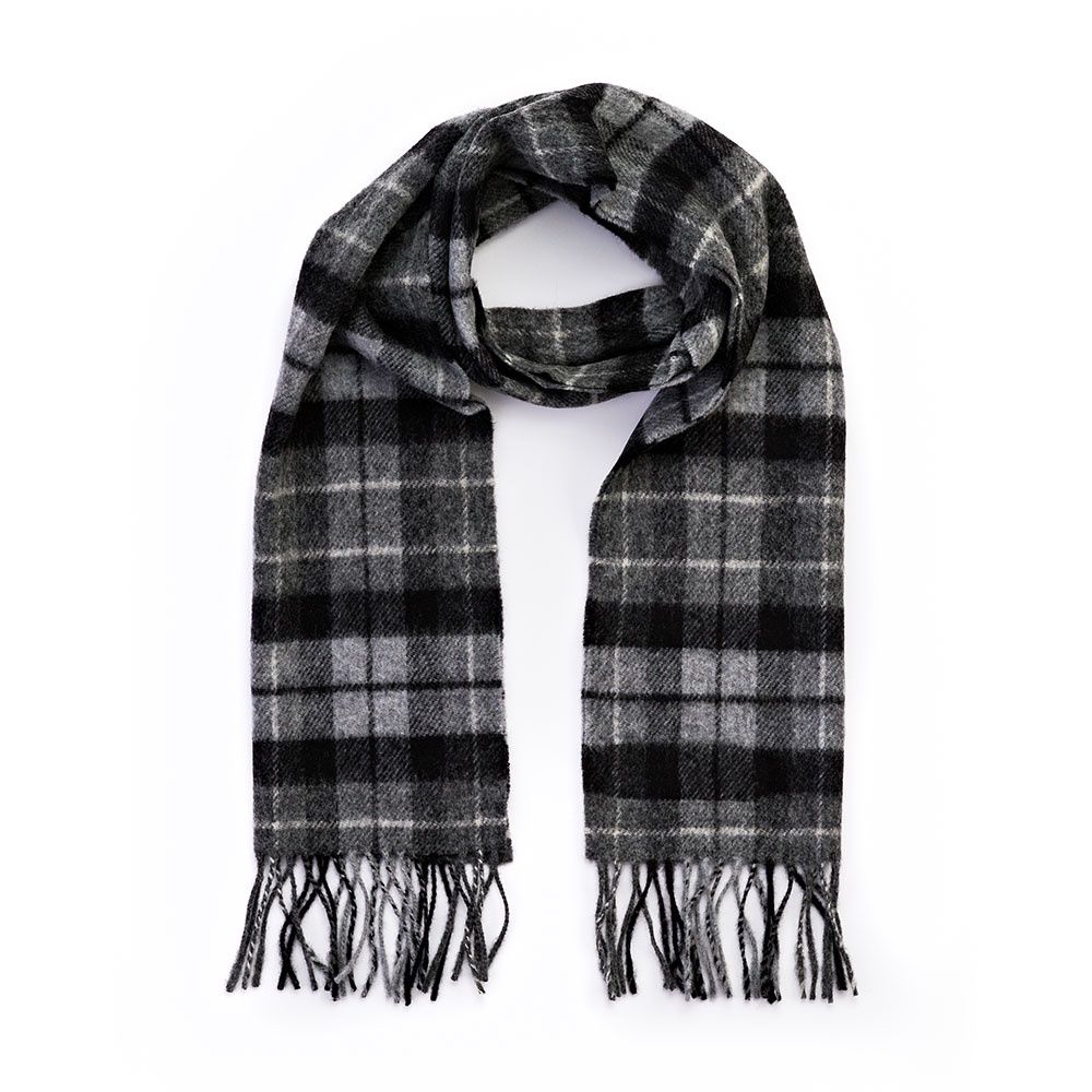 Irish Wool Scarf Short Grey Silver Charcoal Plaid