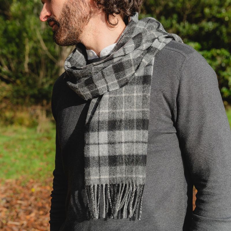 Irish Wool Scarf Short Grey Silver Charcoal Plaid
