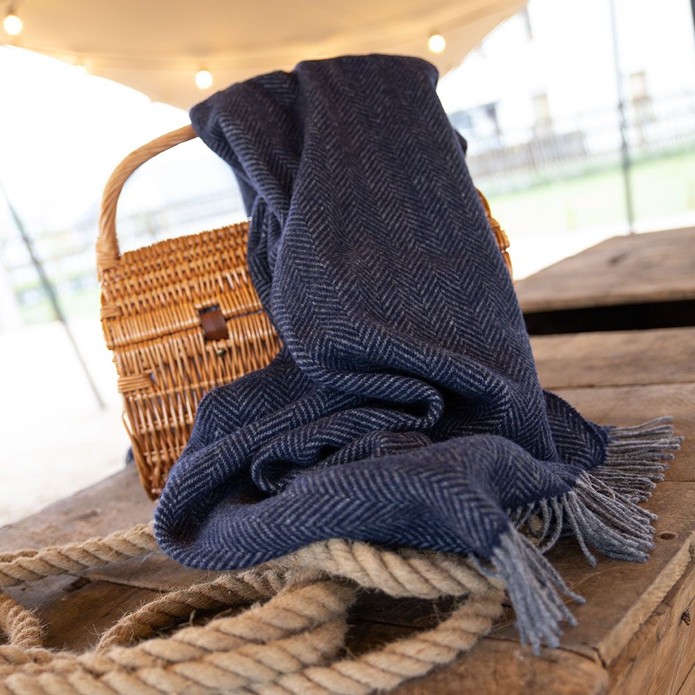 John Hanly Merino Wool Cashmere Throw - Dark Navy Herringbone