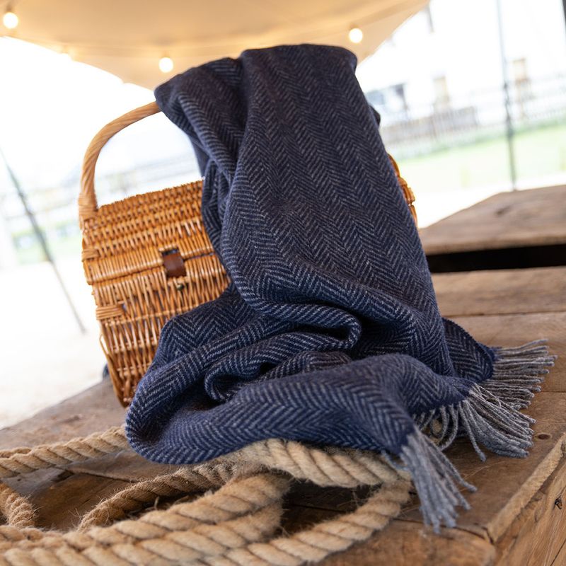 John Hanly Merino Wool Cashmere Throw - Dark Navy Herringbone