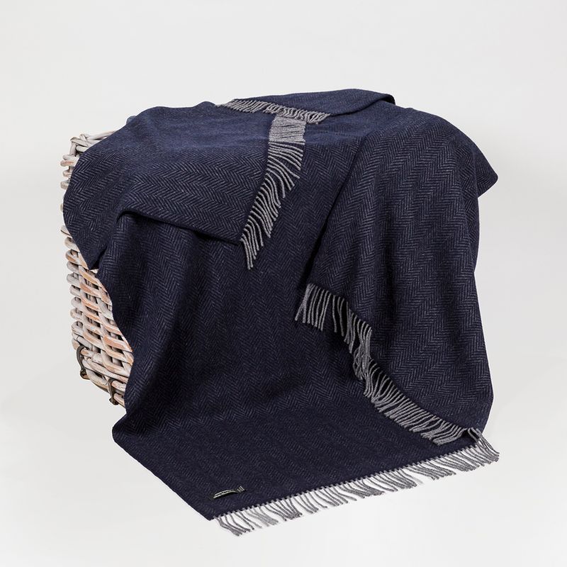 John Hanly Merino Wool Cashmere Throw - Dark Navy Herringbone
