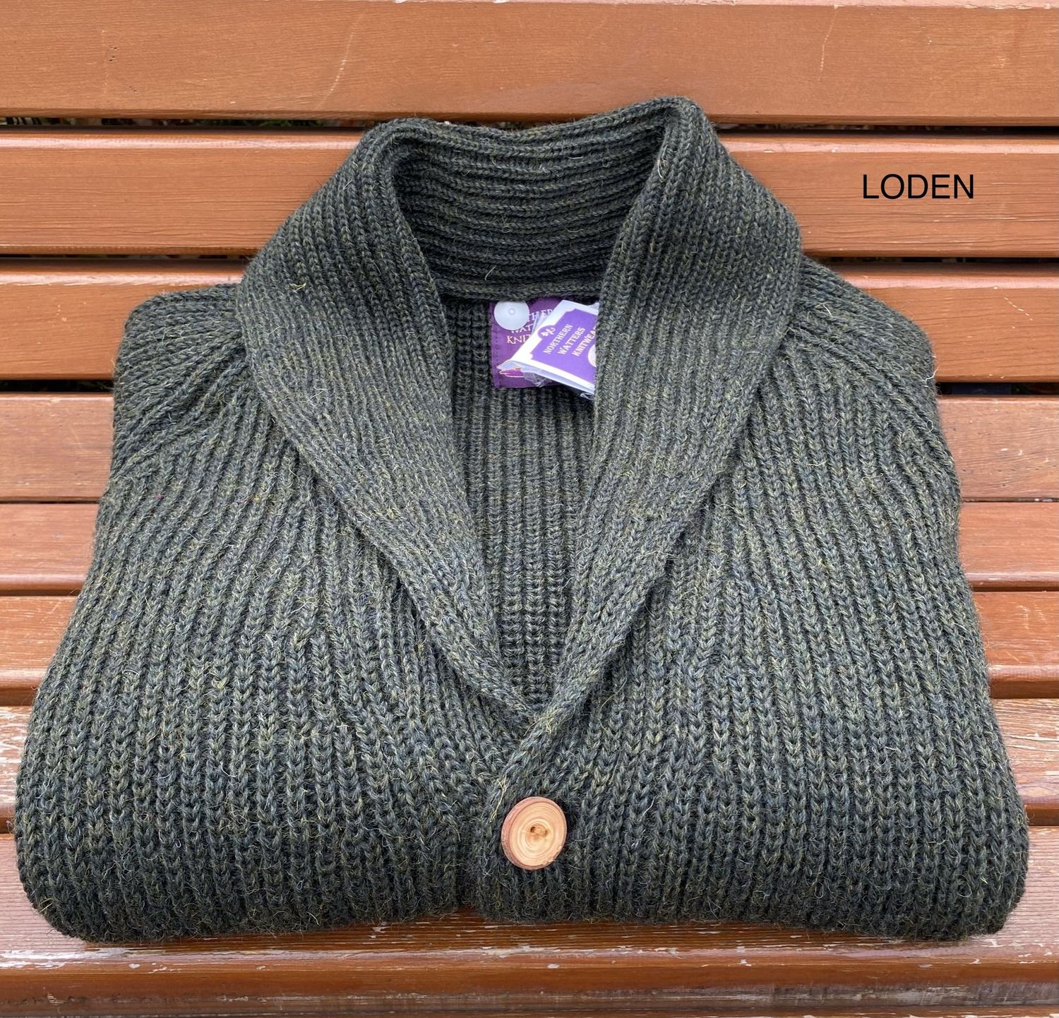 Hand-Knit Shawl Neck Cardigan, Colour: LODEN, Size: 32