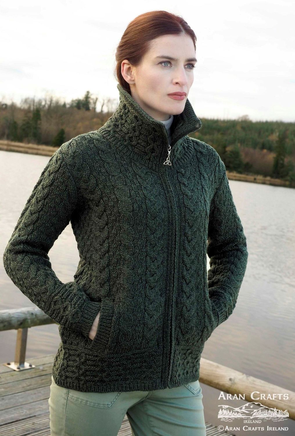 Louisburgh Double Collar Zip Cardigan, Colour: Army Green, Size: X-Small