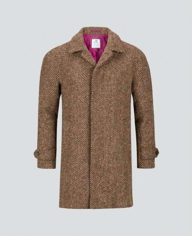 Erne Brown &amp; Camel Herringbone Donegal Tweed Overcoat