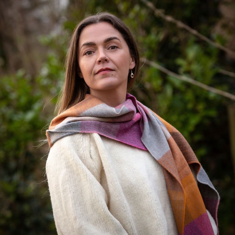 Merino Luxury Wool Scarf - Pink Mustard Sand Block Check