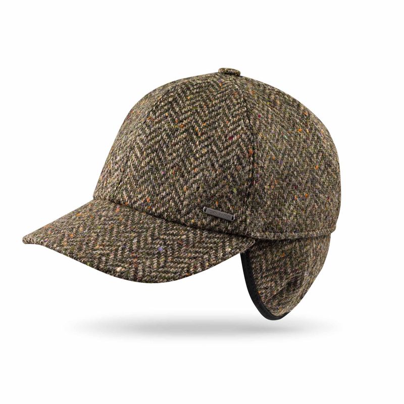 Baseball Cap with Ear - Flap Brown Green Donegal Herringbone