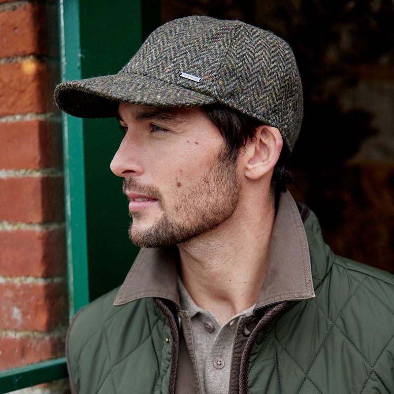 Baseball Cap with Ear - Flap Brown Green Donegal Herringbone