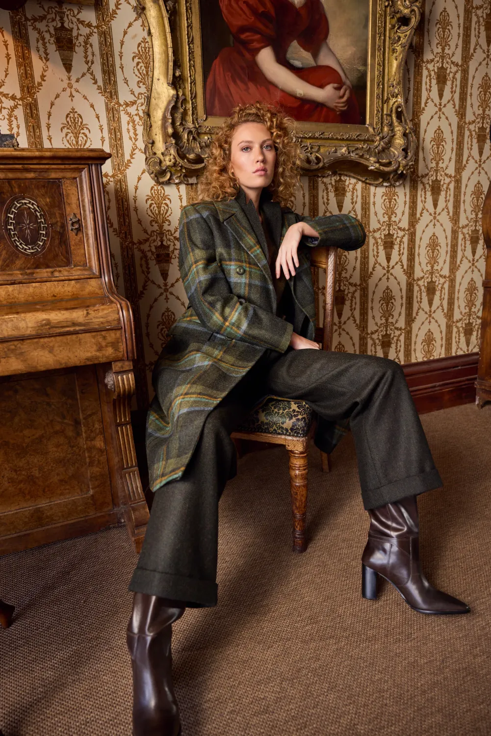 Clodagh Tweed Wool Coat, Colour: Sage &amp; Emerald Check, Size: 6UK