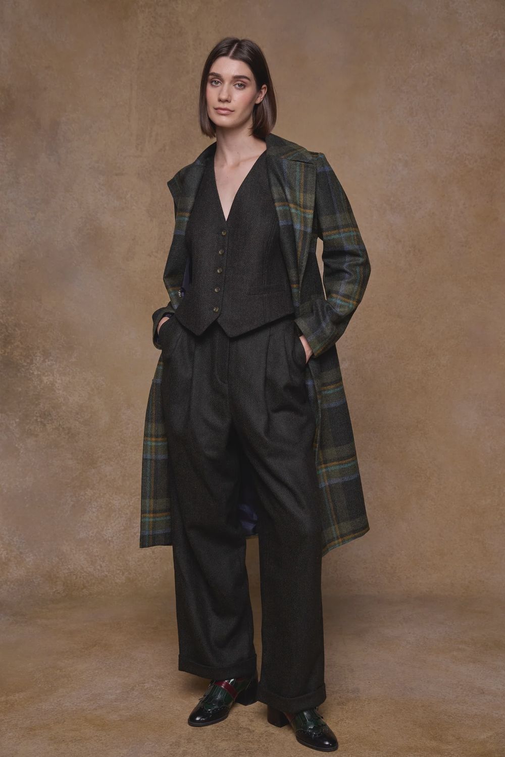 Faye Tweed Trousers - Deep Green Herringbone