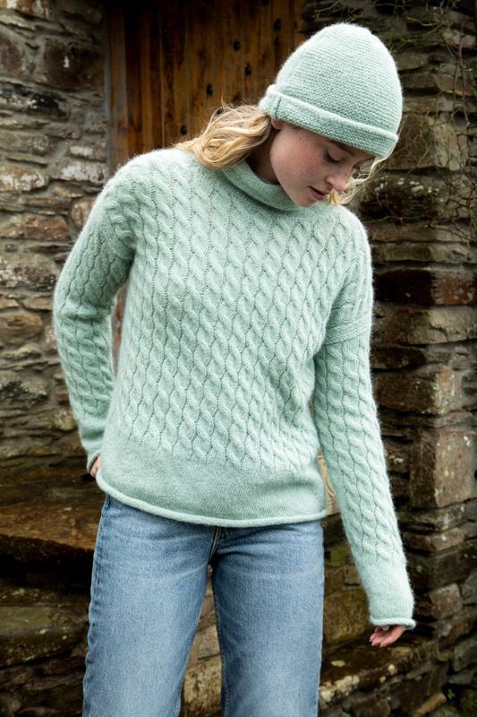 Cable Knit Funnel Neck - Mint Cream, Size: XS