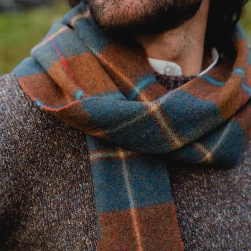 100% Lambswool Scarf - Rust Brown Blue Red Plaid