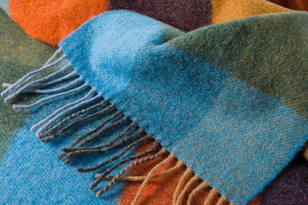 100% Lambswool Scarf - Long Mustard Green Blue Orange Blackberry Check