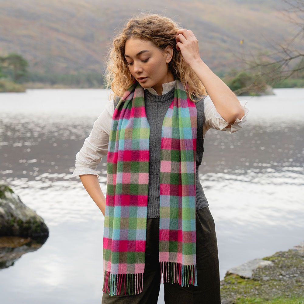 100% Merino Wool Scarf - Pink Raspberry Blue Green Block Check