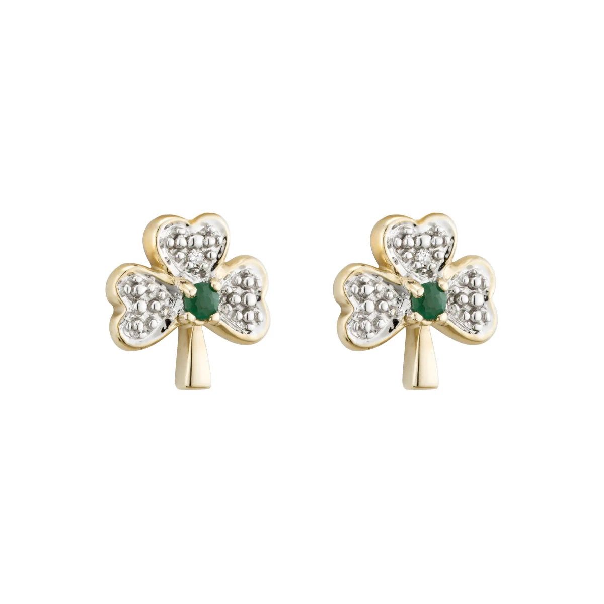 10K Gold CZ and Green Agate Shamrock Studs