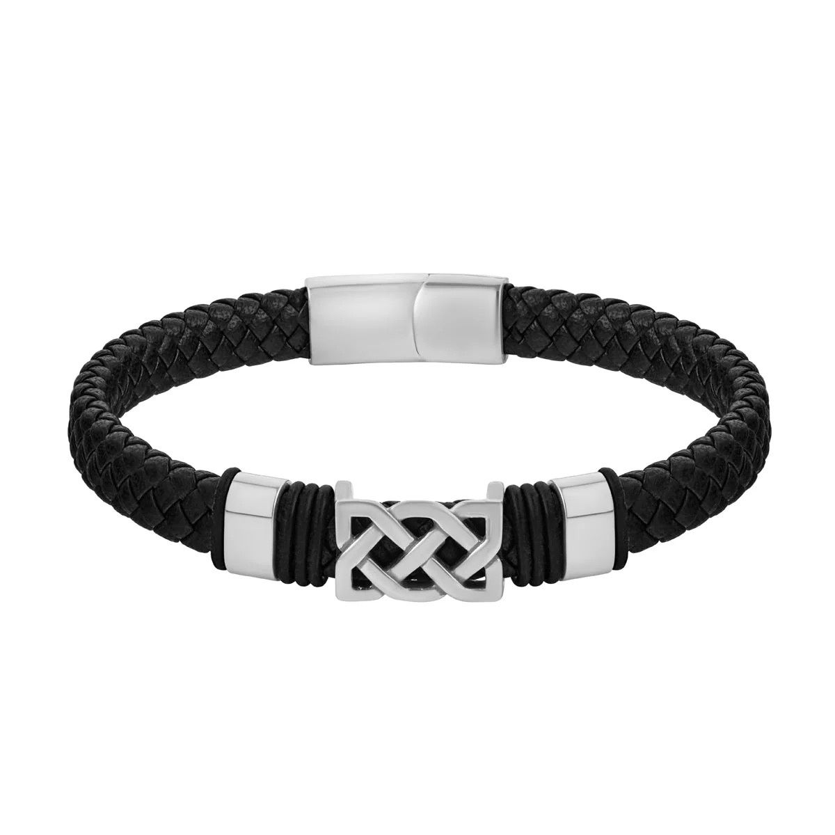 Gents Steel Black Leather Bracelet