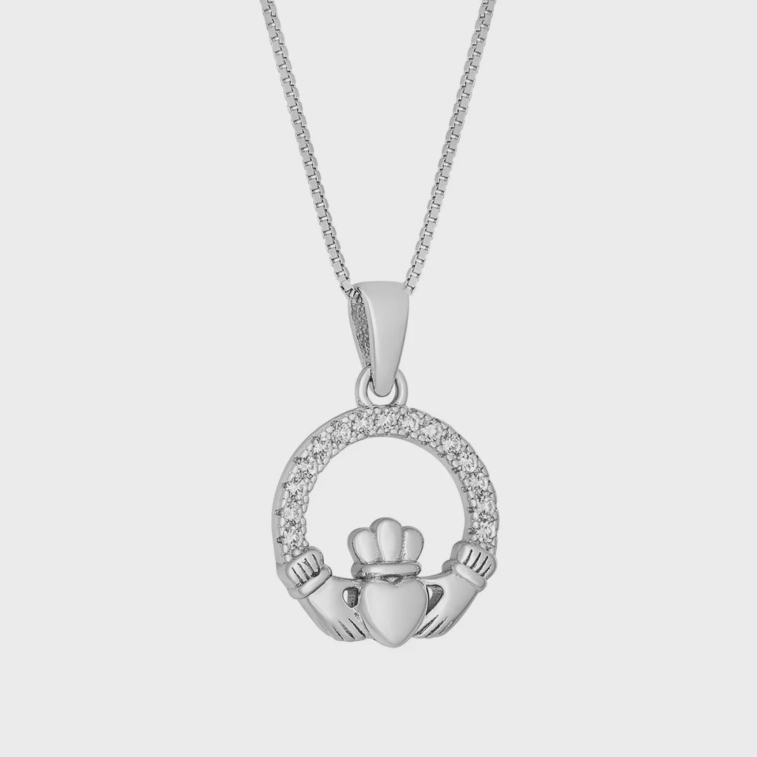 Small Round Claddagh Pendant CZ and Sterling Silver
