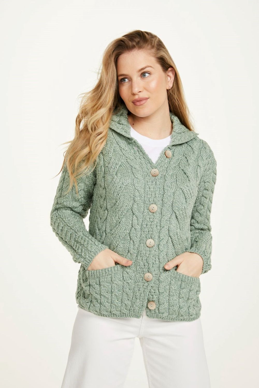 Supersoft Merino Button Cable Cardigan - Seafoam Green, Size: XS