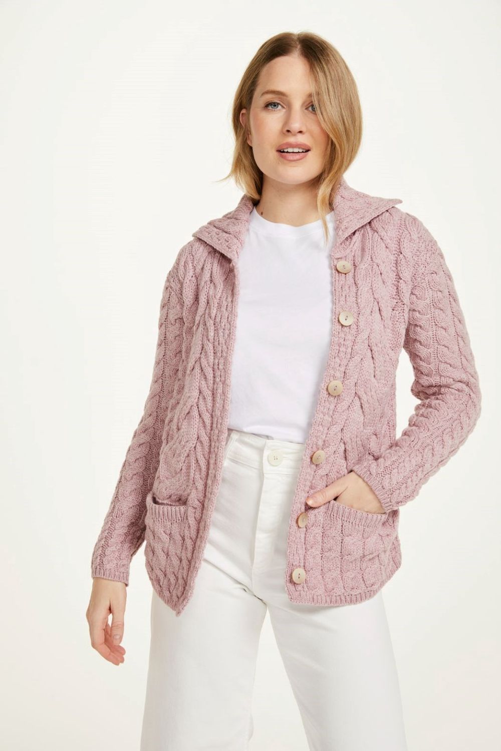 Supersoft Merino Button Cable Cardigan - Dusty Pink