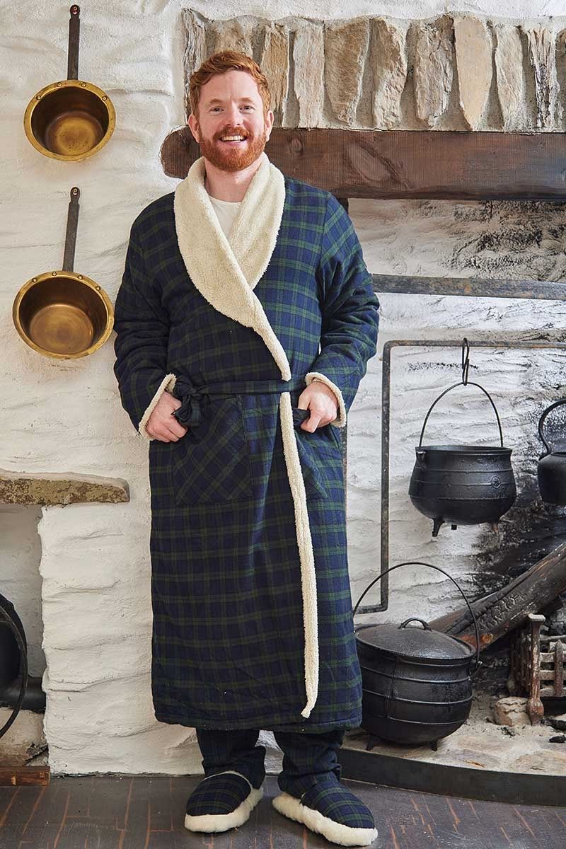 Fleece Lined Flannel Nightrobe - Green/Navy Tartan Blackwatch