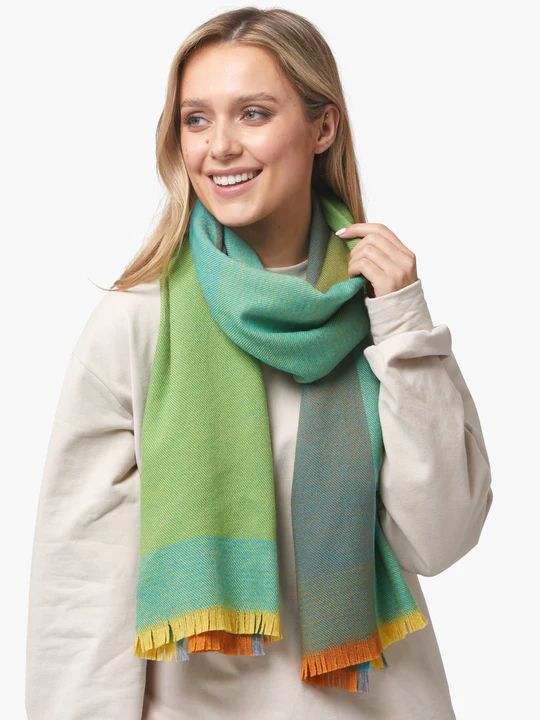 Merino Wool - Giant Scarf - Green/Blue Block