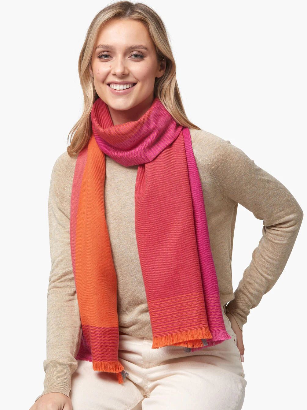 Merino Wool - Giant Scarf - Orange/Pink Block