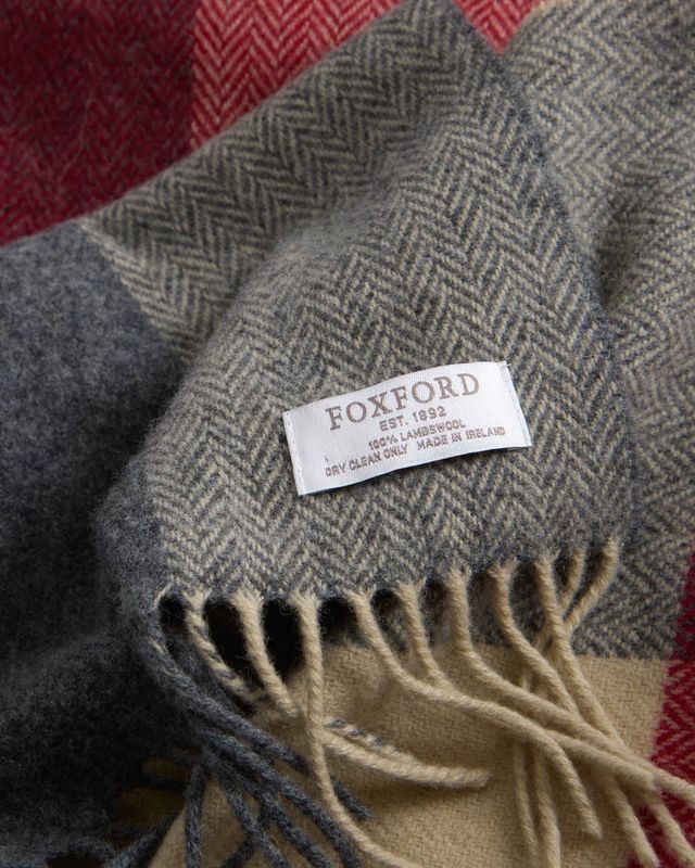 Foxford Lambswool Scarf - Tomato/Camel Block Check
