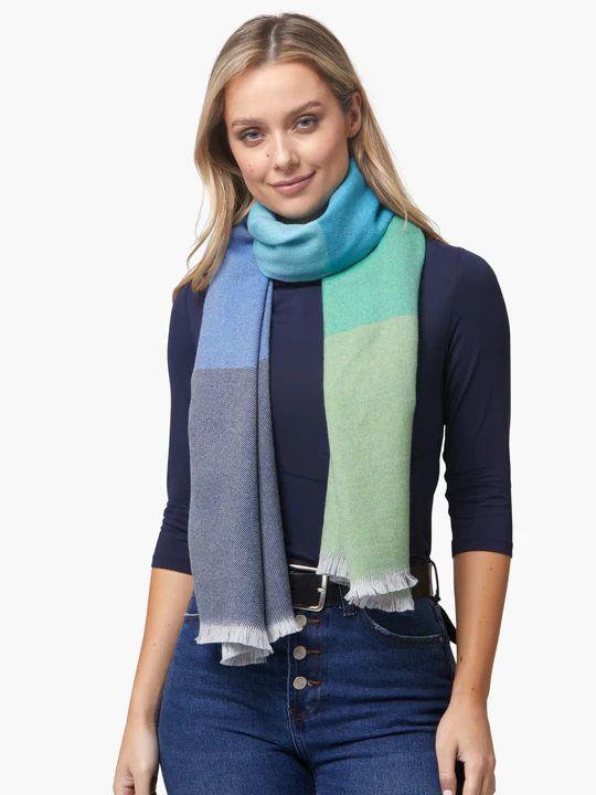 Merino Wool - Giant Scarf - Green/Navy Stripe