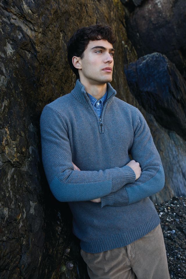 Fisherman Seed Stitch Zip Neck - Sea Fog