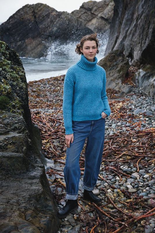 Ladies Boxy Ribbed Polo Neck - Sky