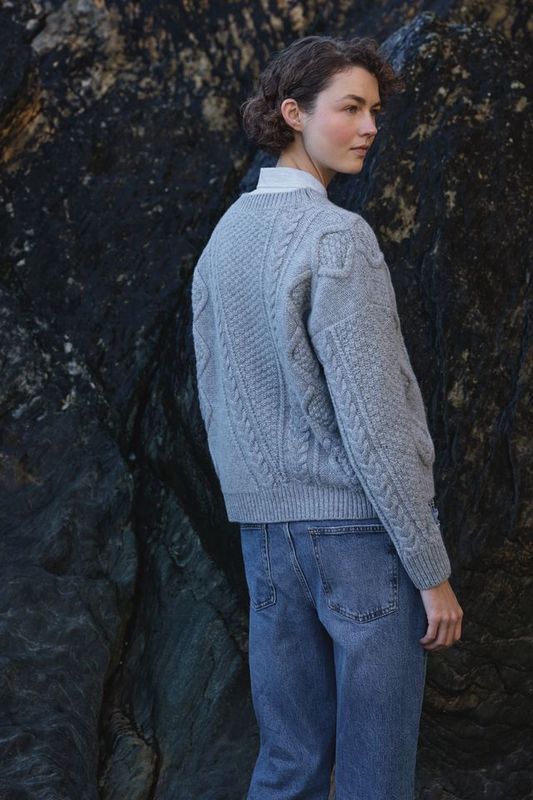 Fisherman Aran Harp Stitch Sweater - Sliver