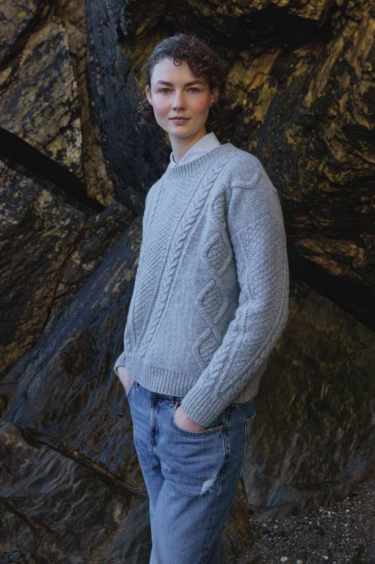 Fisherman Aran Harp Stitch Sweater - Sliver