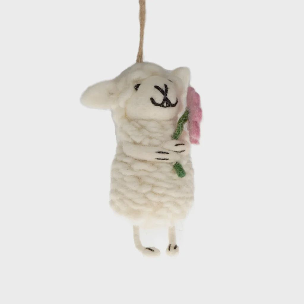 Felt Sheep Ornament - Pink Flowers