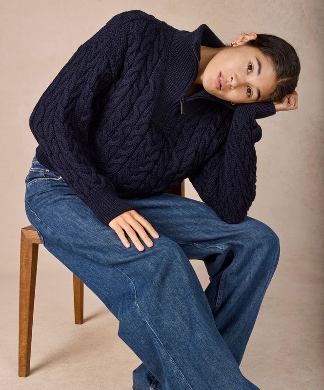 Jessica Cropped Aran Zip Neck - Navy