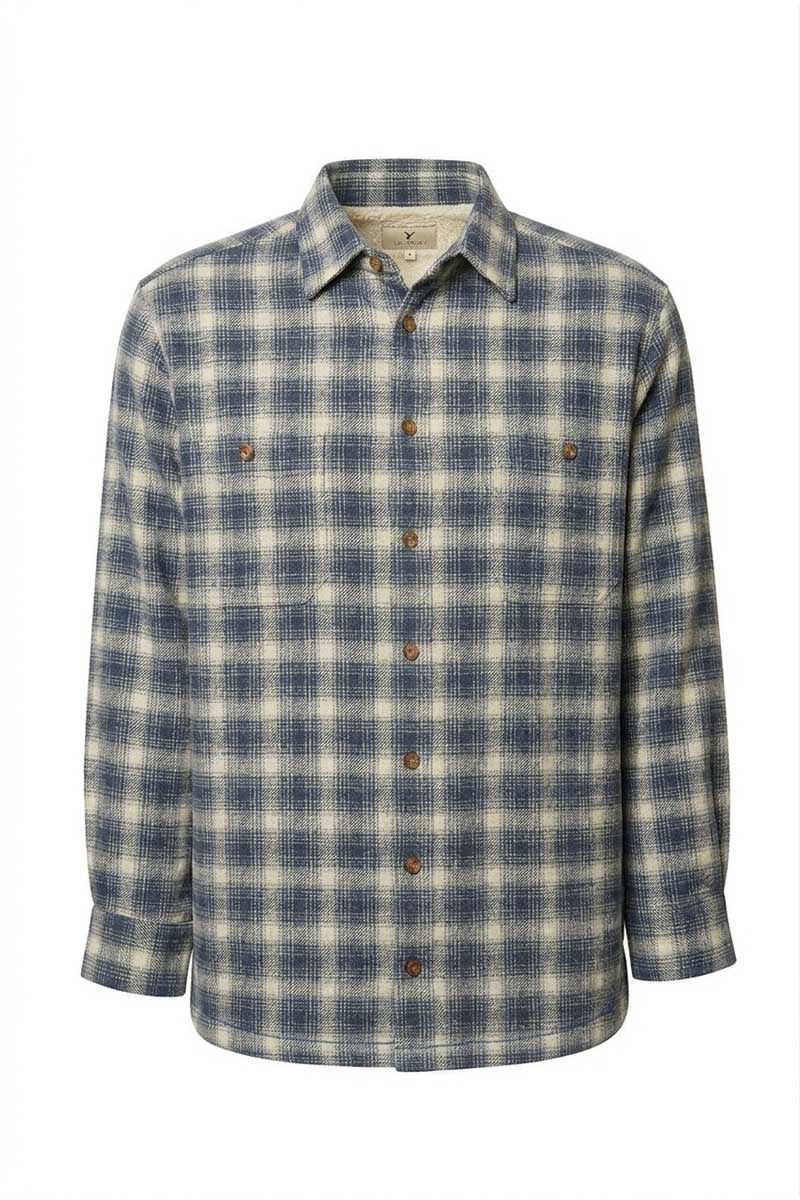 Men’s Flannel Fleece Lined Shirt - Navy Beige Plaid