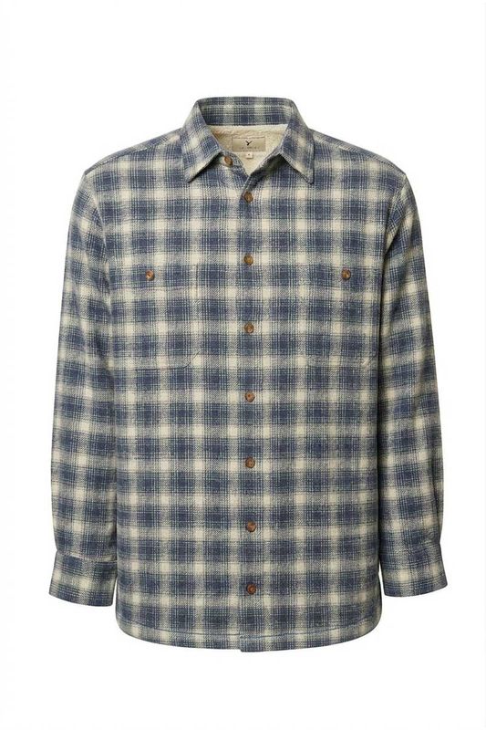 Men’s Flannel Fleece Lined Shirt - Navy Beige Plaid