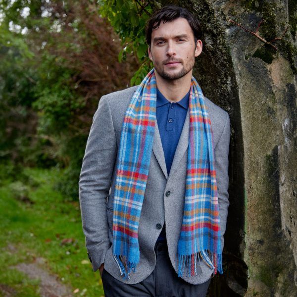 Irish Wool Scarf Short Blue Red Mustard Check