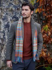 Irish Wool Scarf Short - Rust Orange Blue Green Check