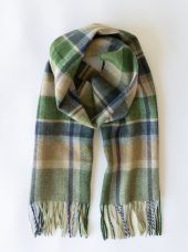Irish Wool Scarf Short - Green Stone Cream Denim Check